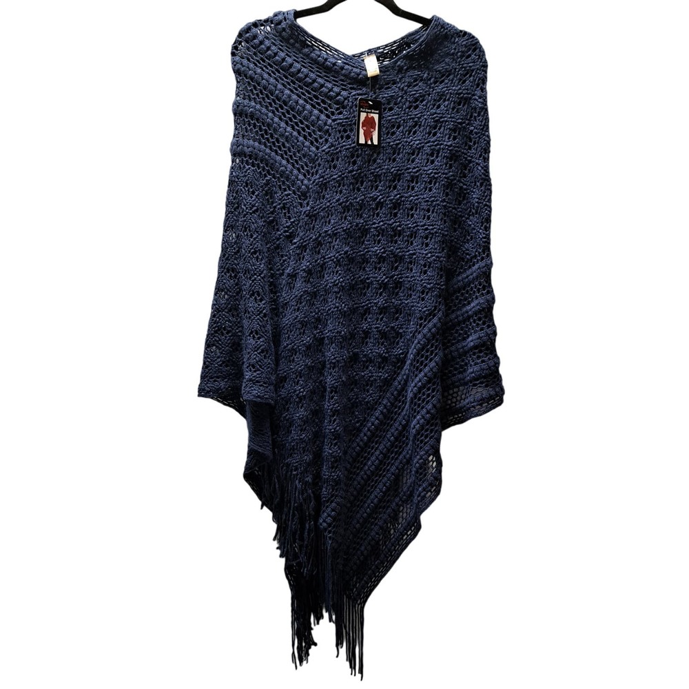 WinWin Blue Acrylic Boho Cottagecore Crochet pull over fringe Cape Shawl OS